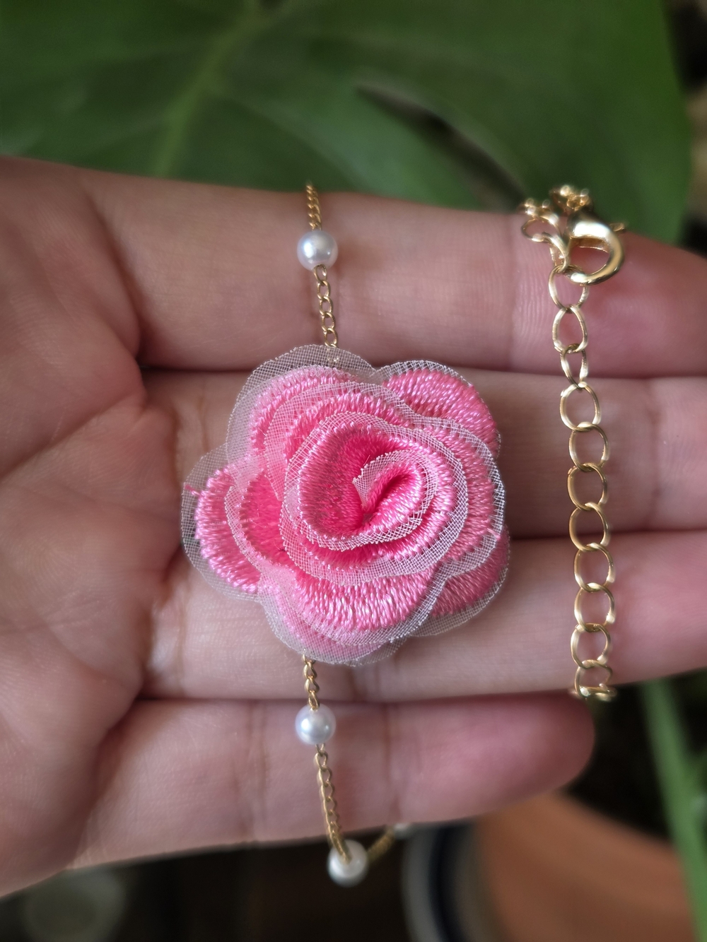 Pink Rose Choker Necklace on Gold Chain with Pearl Accents